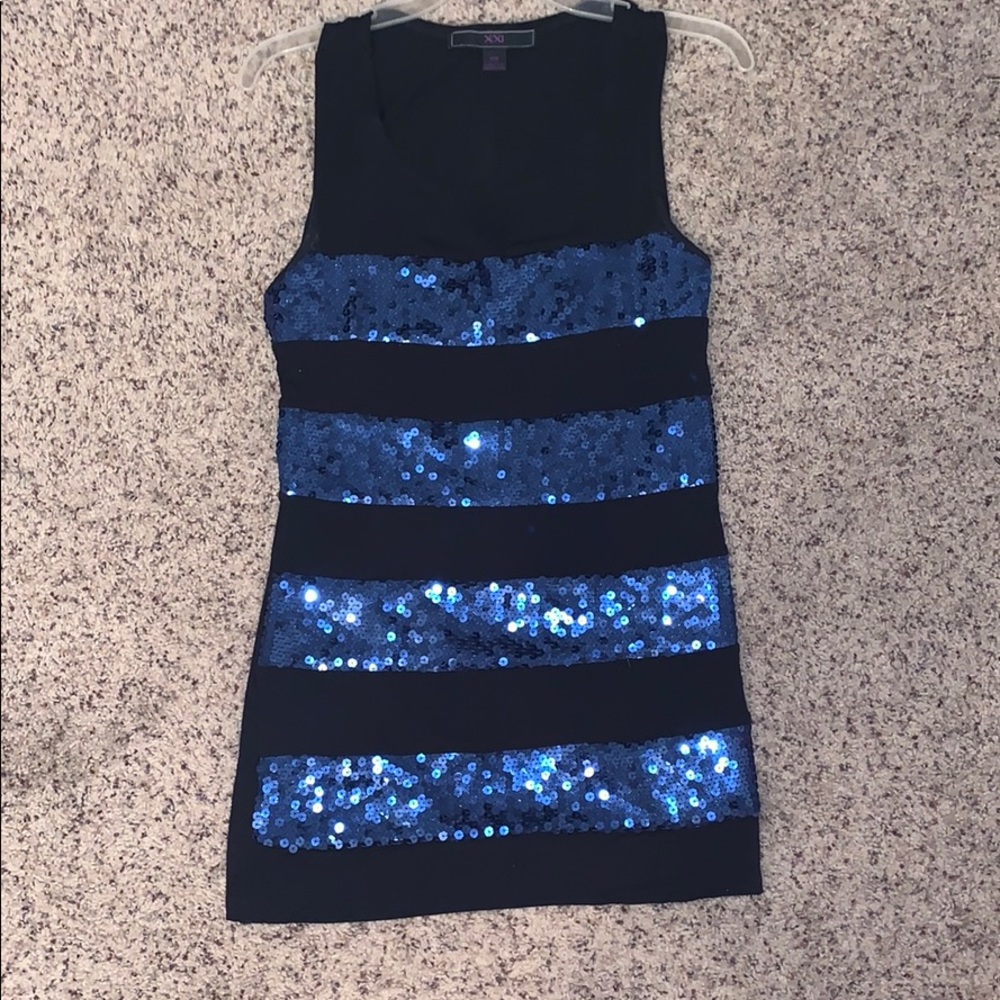 Mini black and blue sequin sleeveless dress - med
